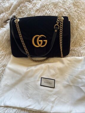 Gucci Black Velvet Shoulder Bag with Gold Double G